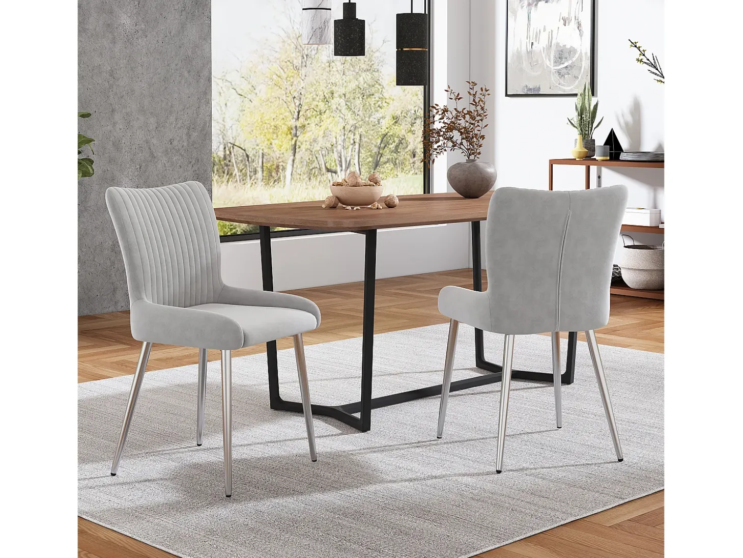 Juego de 2 sillas de comedor - terciopelo gris - con respaldo y patas de metal - para sala y comedor