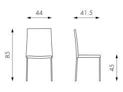 Juego de 4 sillas de comedor apilables "Camelia" tapizadas en piel sintética morada y rosa con patas de metal pintado.