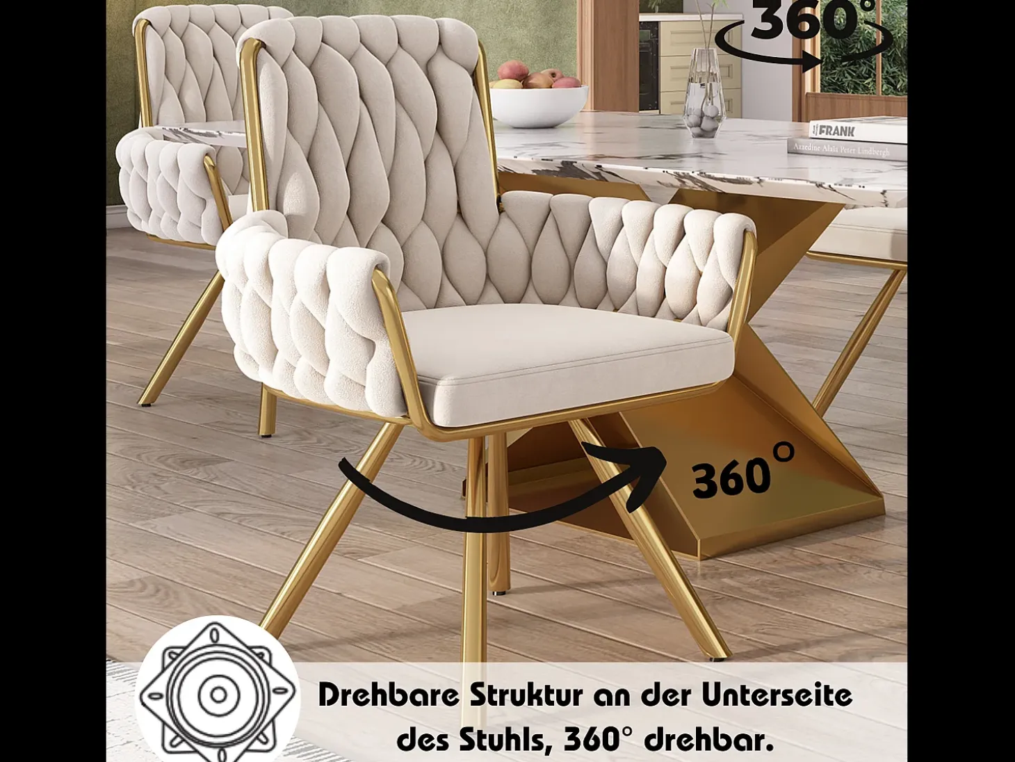 Juego de 2 sillas de comedor con diseño de rombos, sillón giratorio con 4 patas de metal, terciopelo beige (L64,77 x An63,5 x Al50,8 cm)