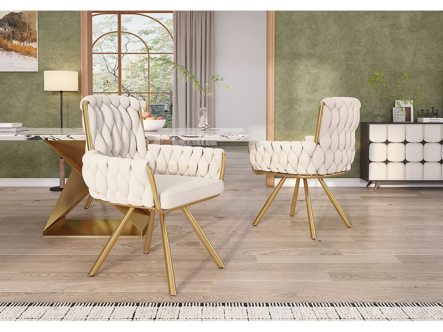 Juego de 2 sillas de comedor con diseño de rombos, sillón giratorio con 4 patas de metal, terciopelo beige (L64,77 x An63,5 x Al50,8 cm)