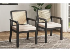 Juego de 2 sillas de comedor/vestidor de terciopelo - 56 x 57 x 83 cm - con respaldo de ratán - madera - negro