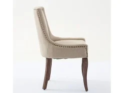 Juego de 2 sillas de comedor en chenilla beige con tachuelas decorativas y respaldo, patas de madera