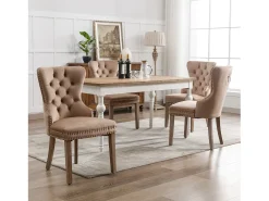 Juego de 4 sillas de comedor, diseño único con aro dorado, patas de madera maciza, tapizado de terciopelo, color marrón (53x46,5x95 cm)