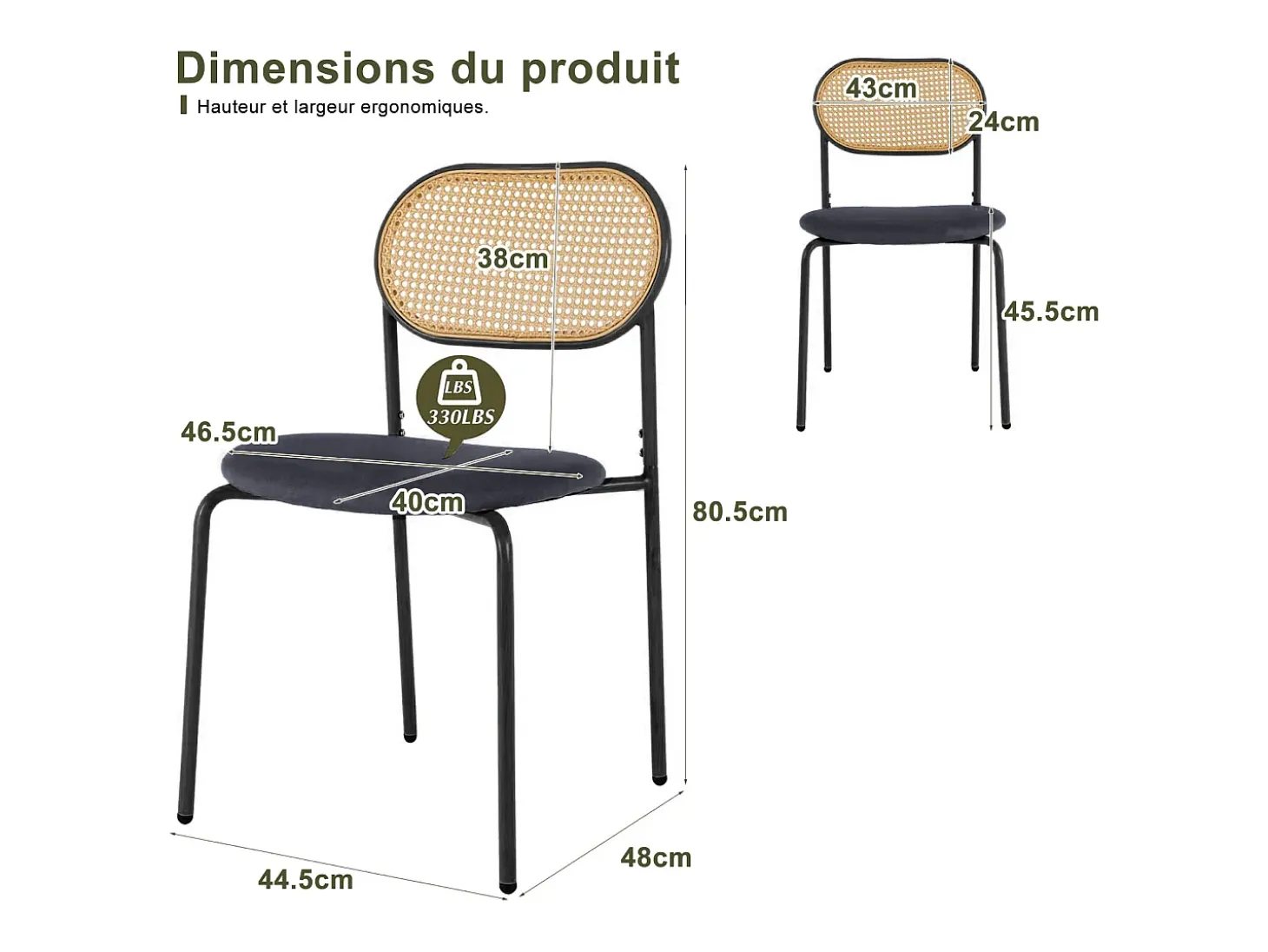 Juego de 2 sillas de comedor modernas con respaldo de ratán y patas de metal para comedor y sala de estar, color negro (2 unidades)