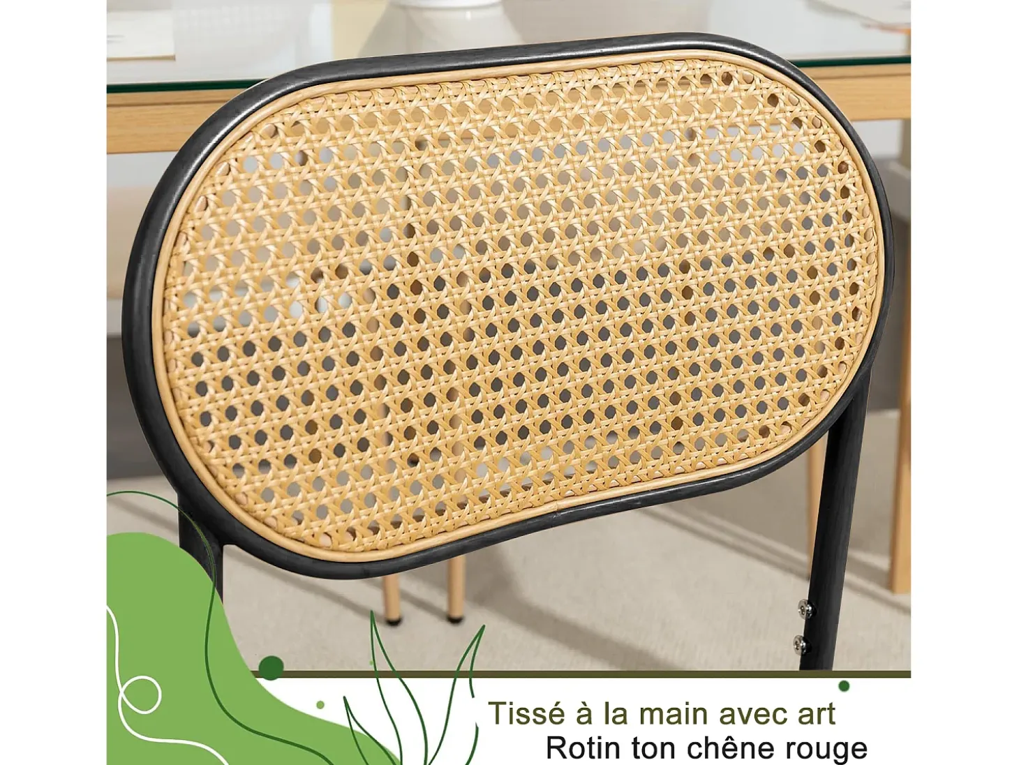 Juego de 2 sillas de comedor modernas con respaldo de ratán y patas de metal para comedor y sala de estar, color negro (2 unidades)