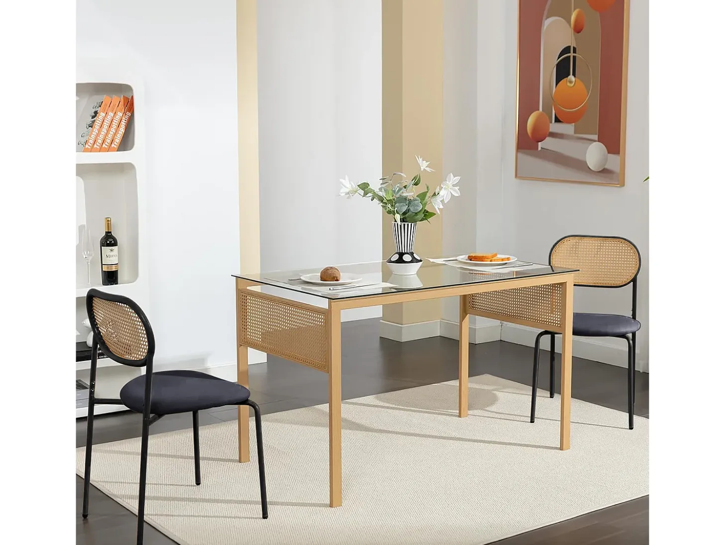 Juego de 2 sillas de comedor modernas con respaldo de ratán y patas de metal para comedor y sala de estar, color negro (2 unidades)
