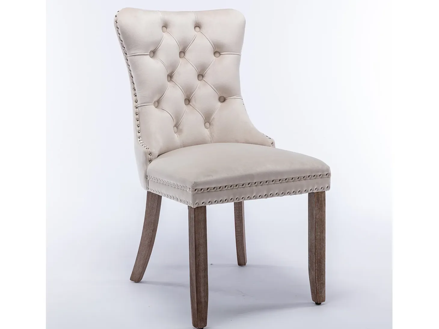 Juego de 2 sillas de comedor - Sillas con respaldo acolchado, patas de madera y ribete de tachuelas - terciopelo beige