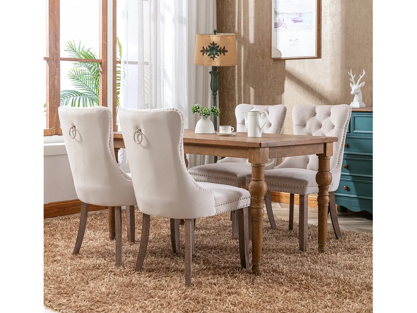 Juego de 2 sillas de comedor - Sillas con respaldo acolchado, patas de madera y ribete de tachuelas - terciopelo beige