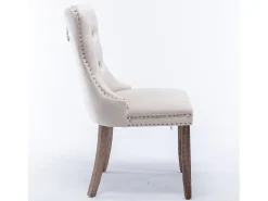 Juego de 2 sillas de comedor - Sillas con respaldo acolchado, patas de madera y ribete de tachuelas - terciopelo beige