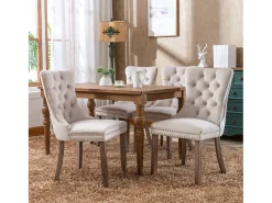Juego de 2 sillas de comedor - Sillas con respaldo acolchado, patas de madera y ribete de tachuelas - terciopelo beige