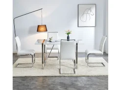 Juego de 4 sillas de comedor blancas - respaldo a rayas y 4 reposapiés - PU y lino