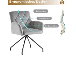 Juego de 2 sillas de comedor de terciopelo - 85 x 49 x 49 cm - sillón tapizado con 4 patas de metal - con soporte lumbar - gris
