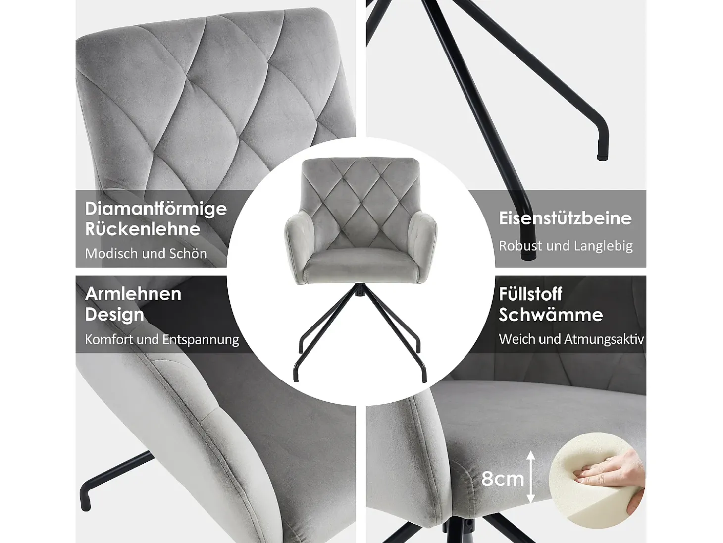 Juego de 2 sillas de comedor de terciopelo - 85 x 49 x 49 cm - sillón tapizado con 4 patas de metal - con soporte lumbar - gris