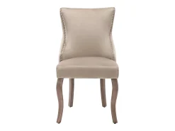 Juego de 6 sillas de comedor, tapizadas en terciopelo, con detalles de tachuelas y patas de madera maciza, color beige.
