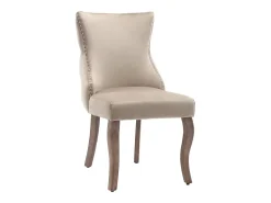 Juego de 6 sillas de comedor, tapizadas en terciopelo, con detalles de tachuelas y patas de madera maciza, color beige.