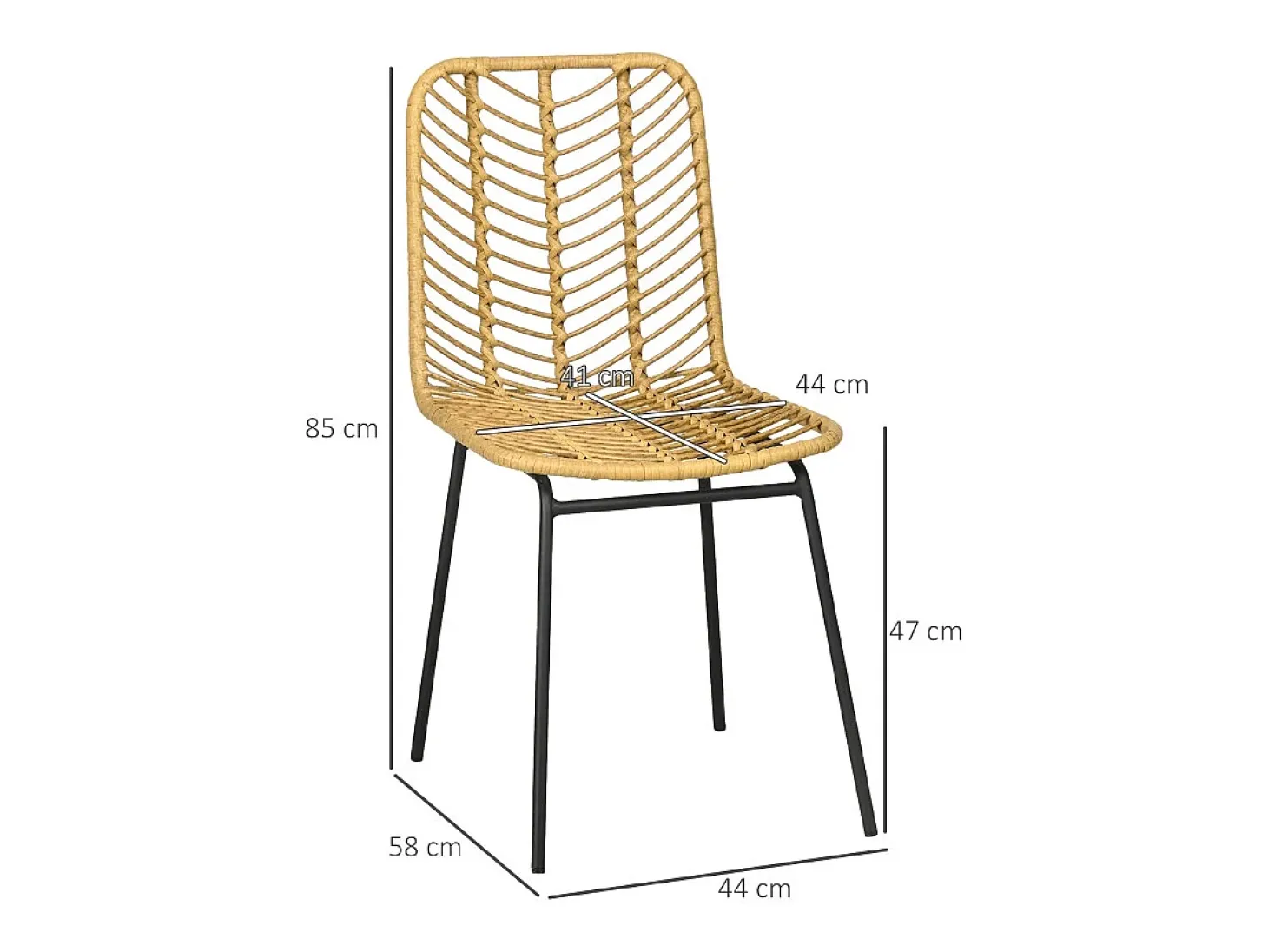 Juego de 2 sillas de comedor, silla de cocina con respaldo en aspecto de ratán, acero, amarillo