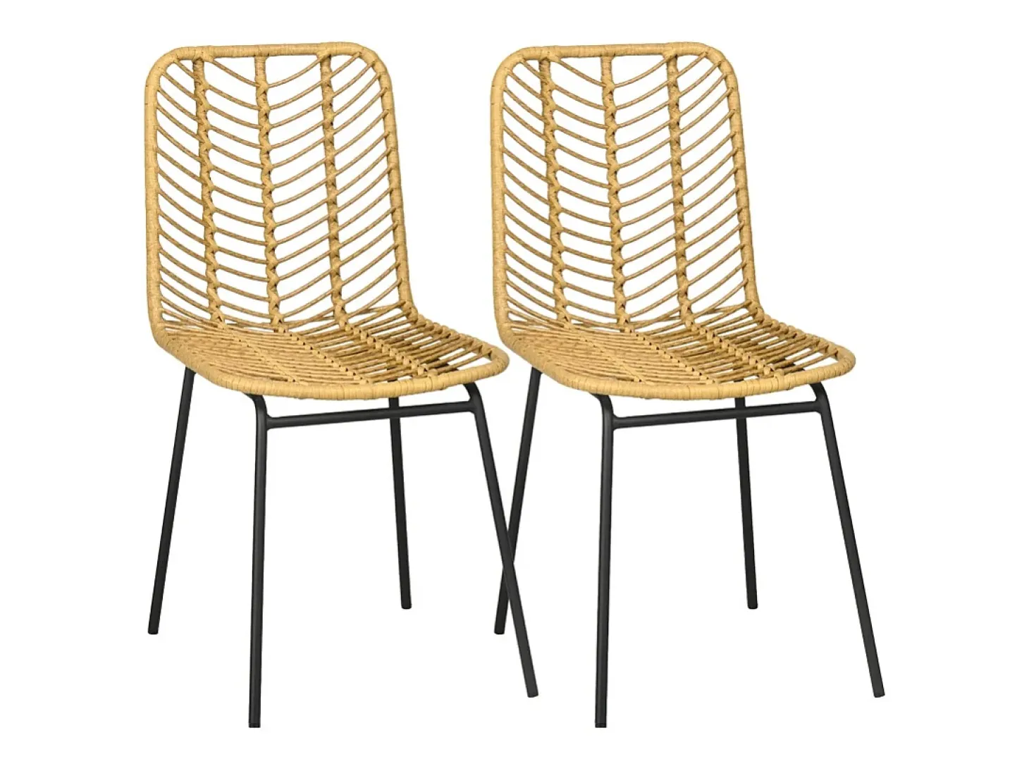 Juego de 2 sillas de comedor, silla de cocina con respaldo en aspecto de ratán, acero, amarillo