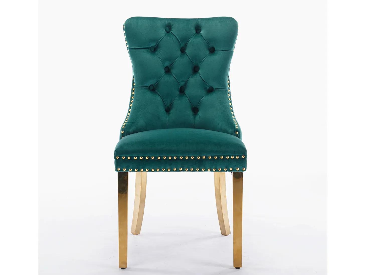 Juego de 2 sillas de comedor en terciopelo verde con respaldo acolchado y patas de metal dorado