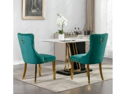 Juego de 2 sillas de comedor en terciopelo verde con respaldo acolchado y patas de metal dorado