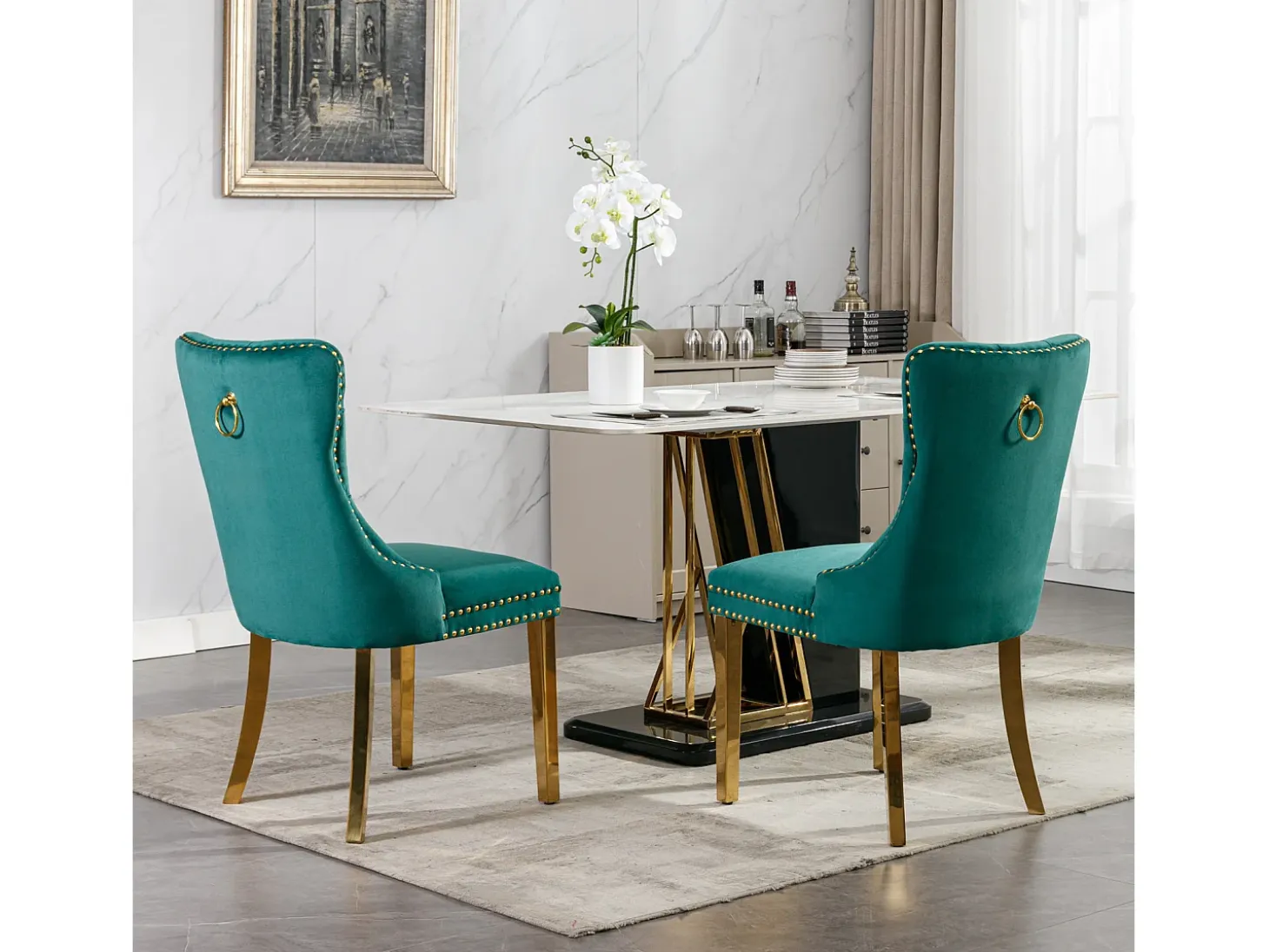 Juego de 2 sillas de comedor en terciopelo verde con respaldo acolchado y patas de metal dorado