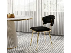Juego de 2 sillas de comedor de terciopelo negro con respaldo redondo trenzado y patas doradas