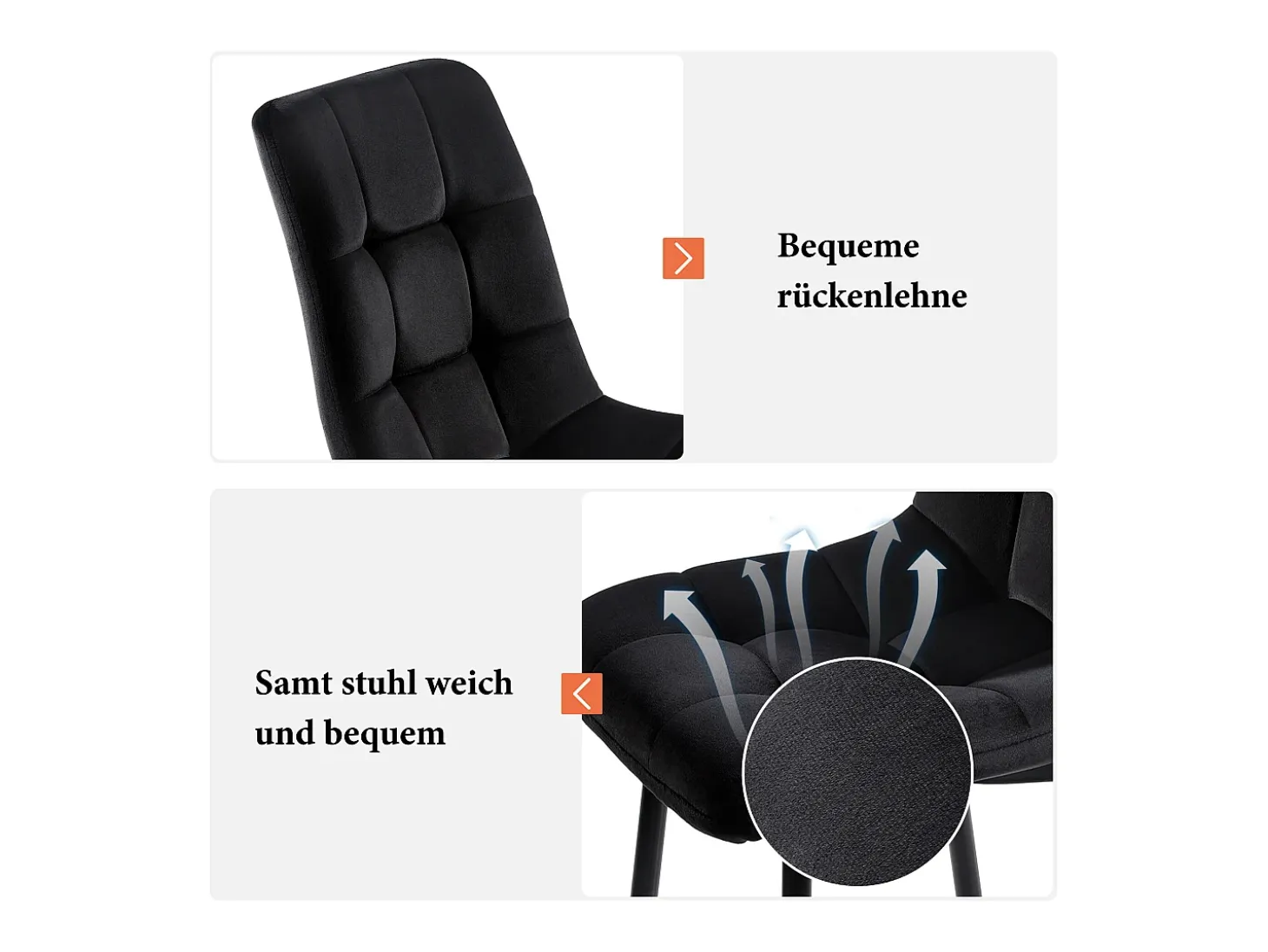 Juego de 4 sillas de comedor de terciopelo - patas de metal - negro