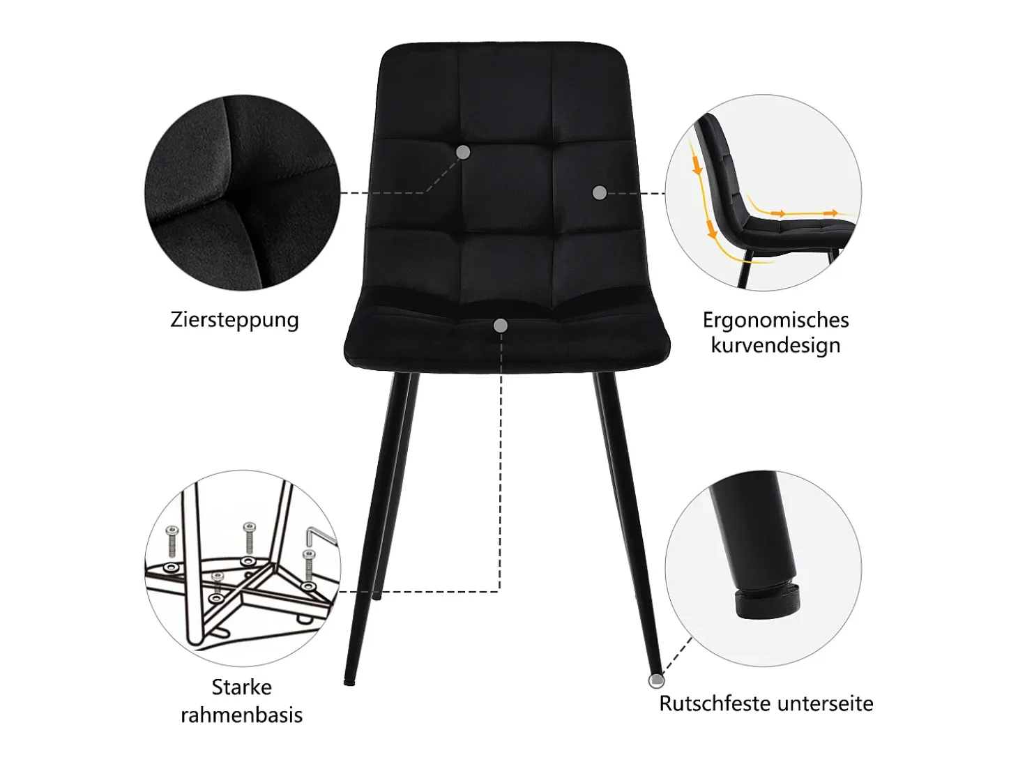 Juego de 4 sillas de comedor de terciopelo - patas de metal - negro