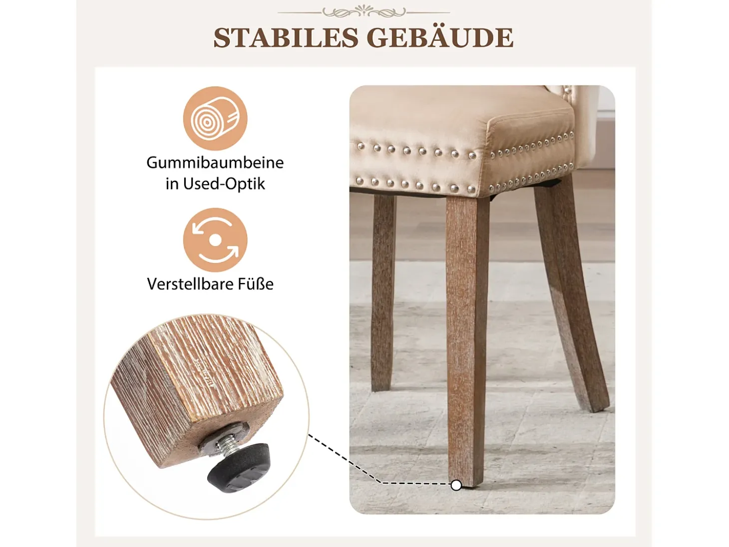 Juego de 2 sillas de comedor - Detalles remachados - Patas de madera maciza - Terciopelo - Beige