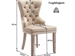 Juego de 2 sillas de comedor - Detalles remachados - Patas de madera maciza - Terciopelo - Beige