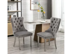 Juego de 2 sillas de comedor en terciopelo gris con respaldo acolchado y patas de metal plateado