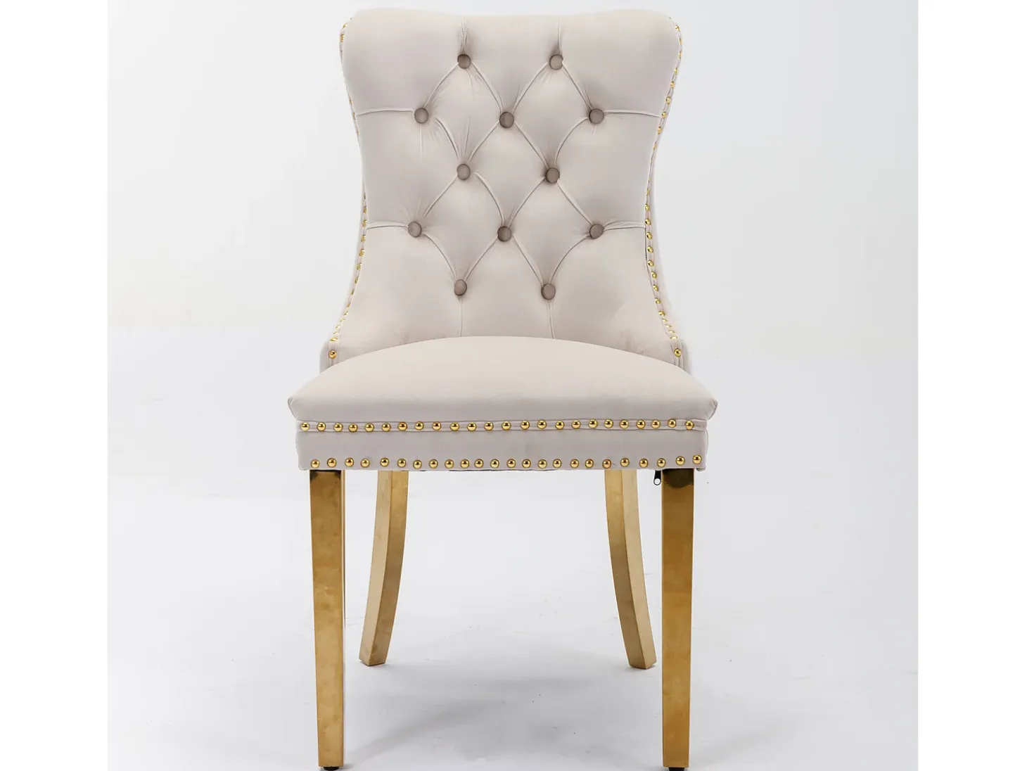 Juego de 2 sillas de comedor en terciopelo beige con respaldo acolchado y patas de metal dorado