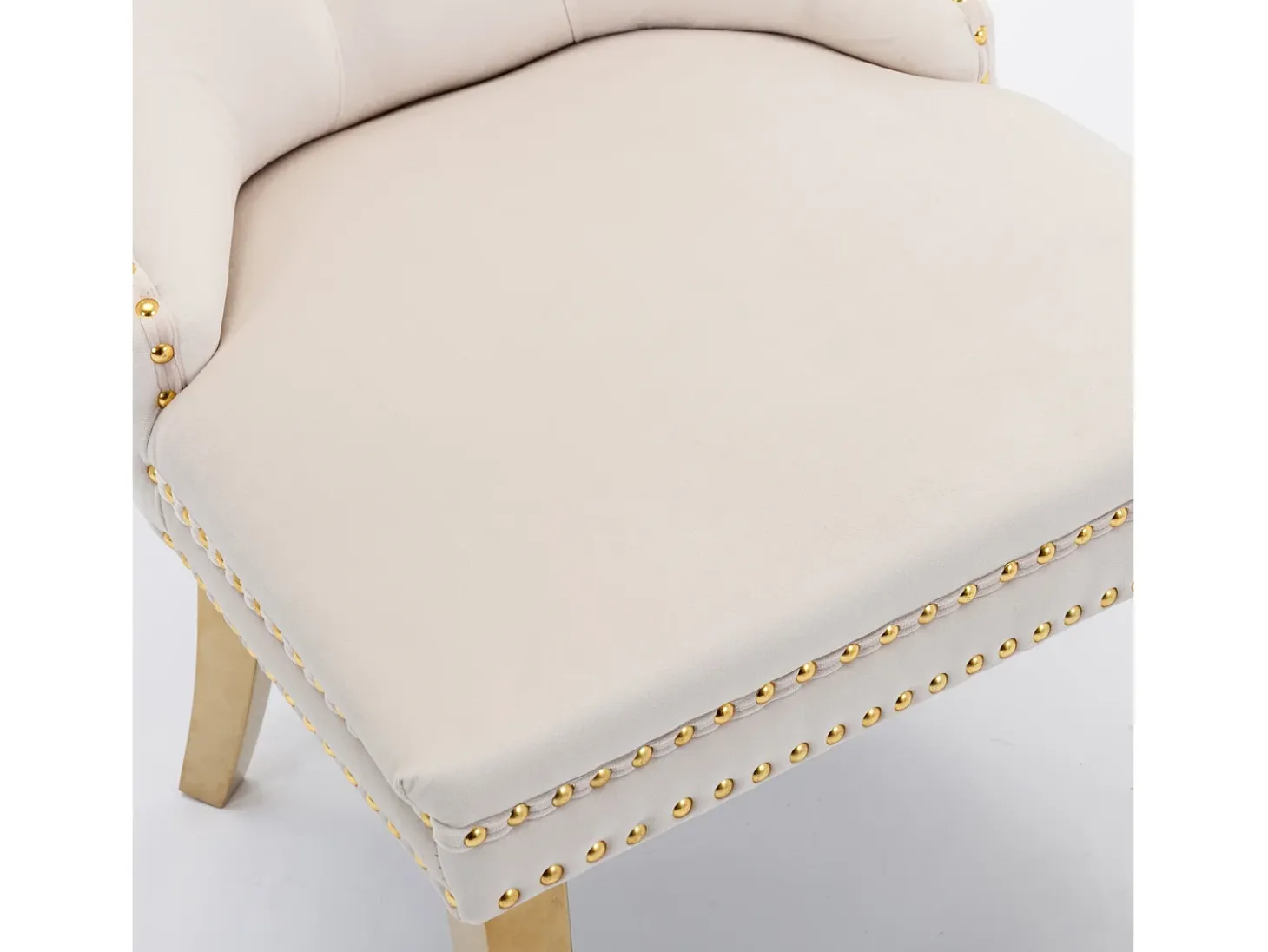 Juego de 2 sillas de comedor en terciopelo beige con respaldo acolchado y patas de metal dorado