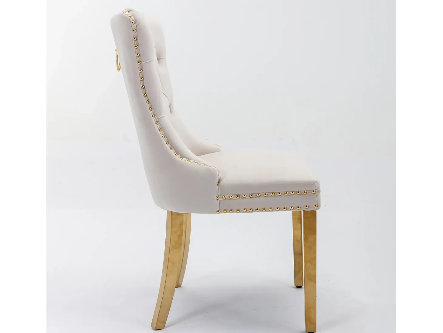 Juego de 2 sillas de comedor en terciopelo beige con respaldo acolchado y patas de metal dorado