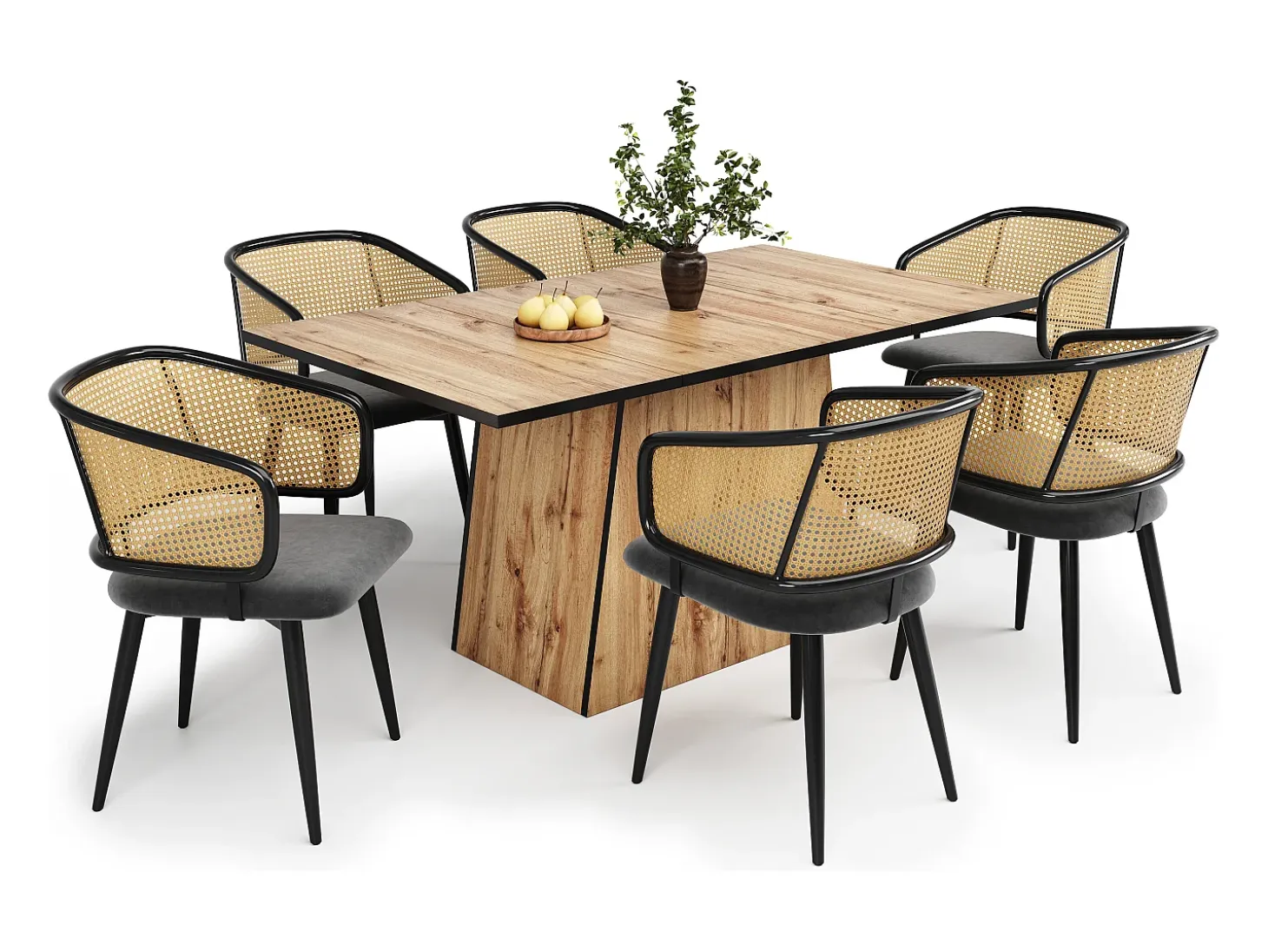 Juego de 6 sillas de comedor de terciopelo y ratán con patas de metal imitación madera – gris