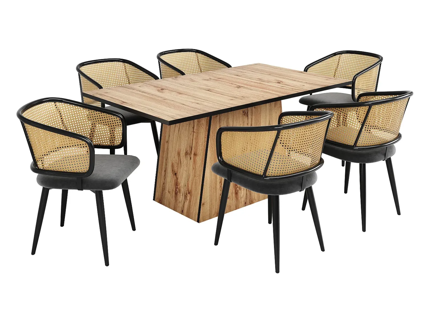 Juego de 6 sillas de comedor de terciopelo y ratán con patas de metal imitación madera – gris