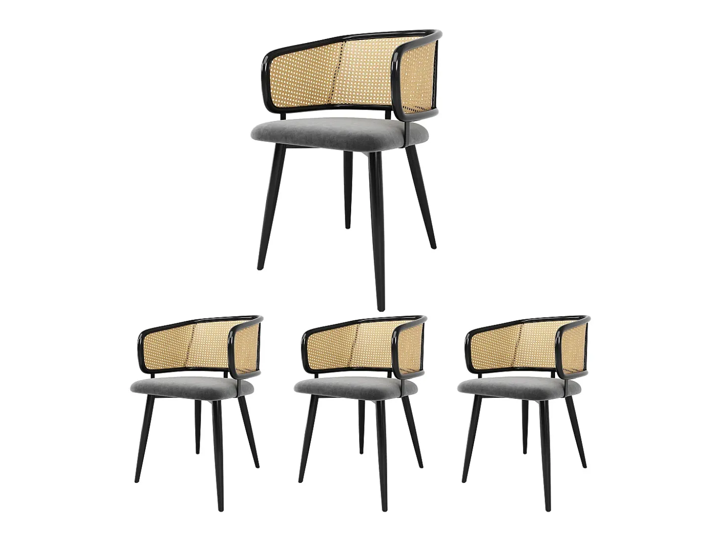 Juego de 6 sillas de comedor de terciopelo y ratán con patas de metal imitación madera – gris