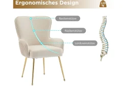 Juego de 2 sillas de comedor de terciopelo beige con reposabrazos, patas de metal dorado, soporte lumbar y patas ajustables (69 x 58,5 x 56 cm)