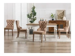 Juego de 4 sillas de comedor, silla decorativa de terciopelo tapizada con borde de tachuelas y patas de madera maciza, color marrón.