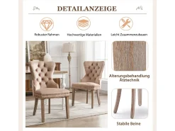 Juego de 4 sillas de comedor, silla decorativa de terciopelo tapizada con borde de tachuelas y patas de madera maciza, color marrón.
