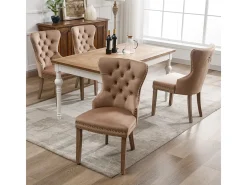Juego de 4 sillas de comedor, silla decorativa de terciopelo tapizada con borde de tachuelas y patas de madera maciza, color marrón.