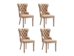 Juego de 4 sillas de comedor, silla decorativa de terciopelo tapizada con borde de tachuelas y patas de madera maciza, color marrón.