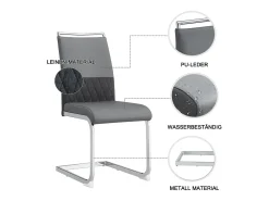 Juego de 4 sillas de comedor - Lino y piel sintética - Patas de metal - Gris - BLITZ