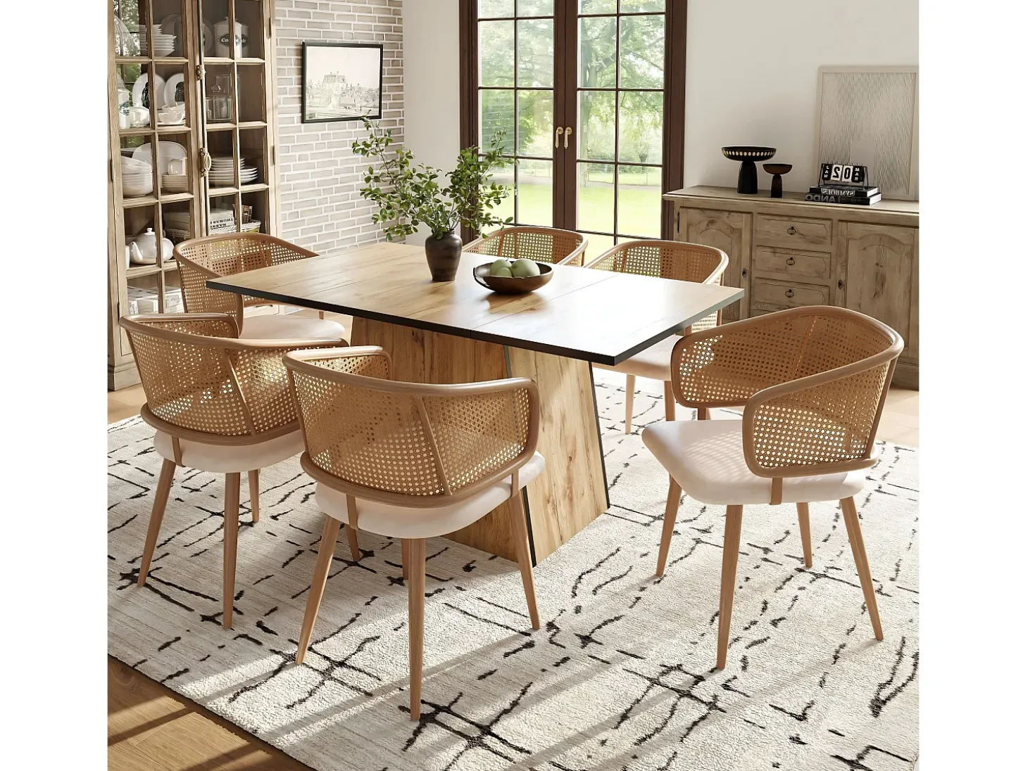 Juego de 2 sillas de comedor con respaldo de ratán - Patas de metal y cojín de piel sintética - Con reposabrazos - Beige