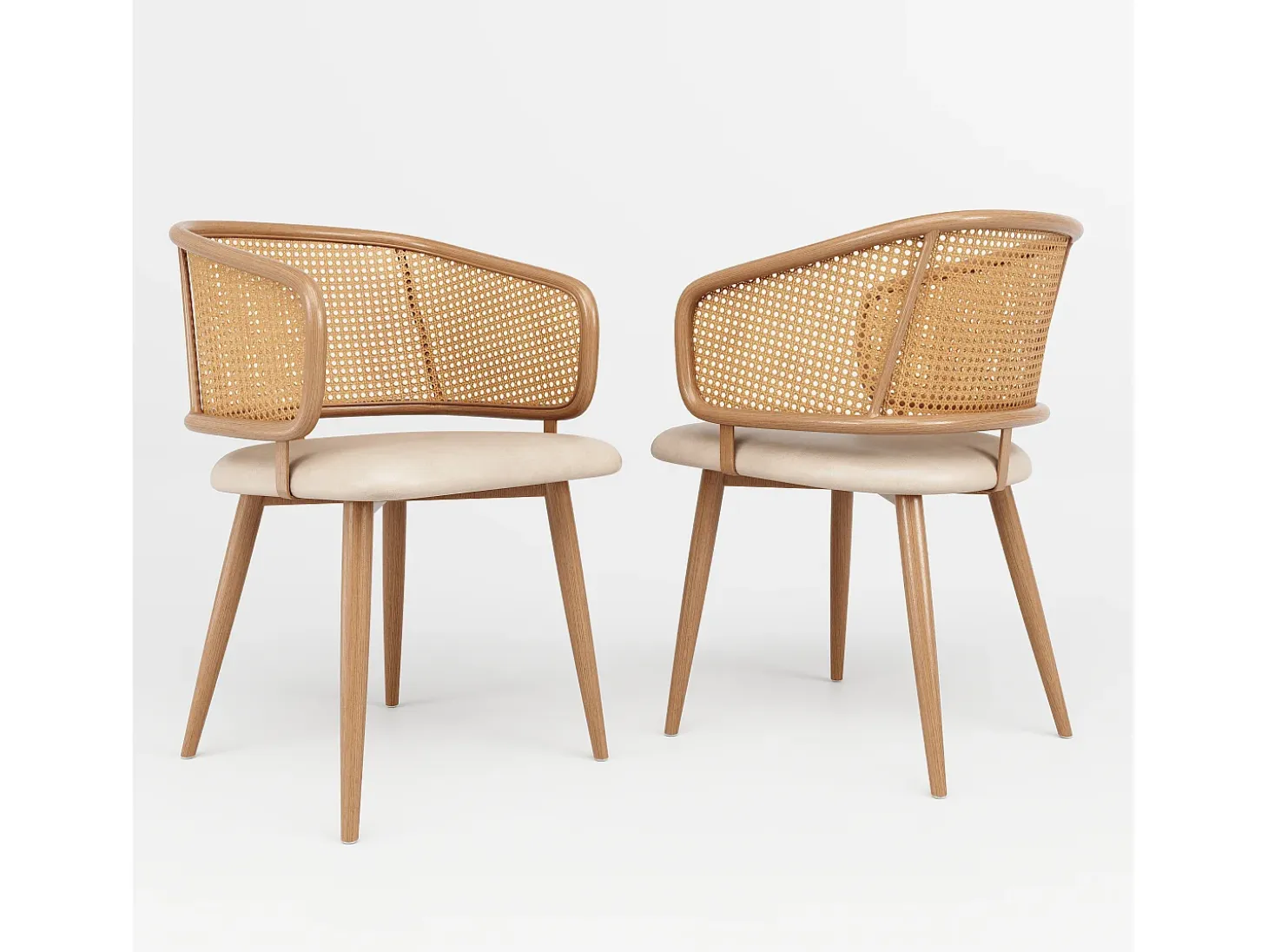 Juego de 2 sillas de comedor con respaldo de ratán - Patas de metal y cojín de piel sintética - Con reposabrazos - Beige