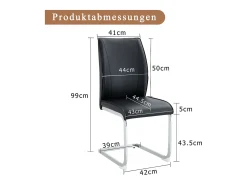Juego de 4 sillas de comedor con patas de metal plateadas y piel sintética negra.