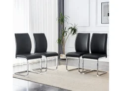 Juego de 4 sillas de comedor con patas de metal plateadas y piel sintética negra.
