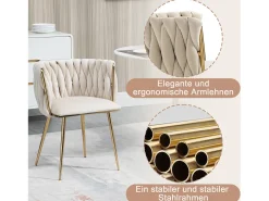 Juego de 2 sillas de comedor - 55,5 x 50 x 74 cm - patas de metal dorado + cojines suaves - terciopelo - marfil