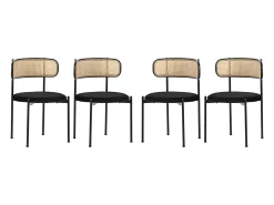 Juego de 4 sillas de comedor de terciopelo y ratán con patas de metal - Negro