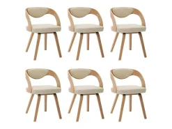 Juego de 6 sillas de comedor de madera curvada color crema y piel sintética.