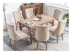 Juego de 4 sillas de comedor de terciopelo para cocina y salón, respaldo alto con botones y base de madera maciza, color beige (53 x 61 x 91 cm)